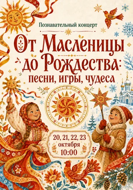 Афиша: Познавательный концерт «От Масленицы до Рождества: песни, игры, чудеса». в Ставрополе 23 октября 2026